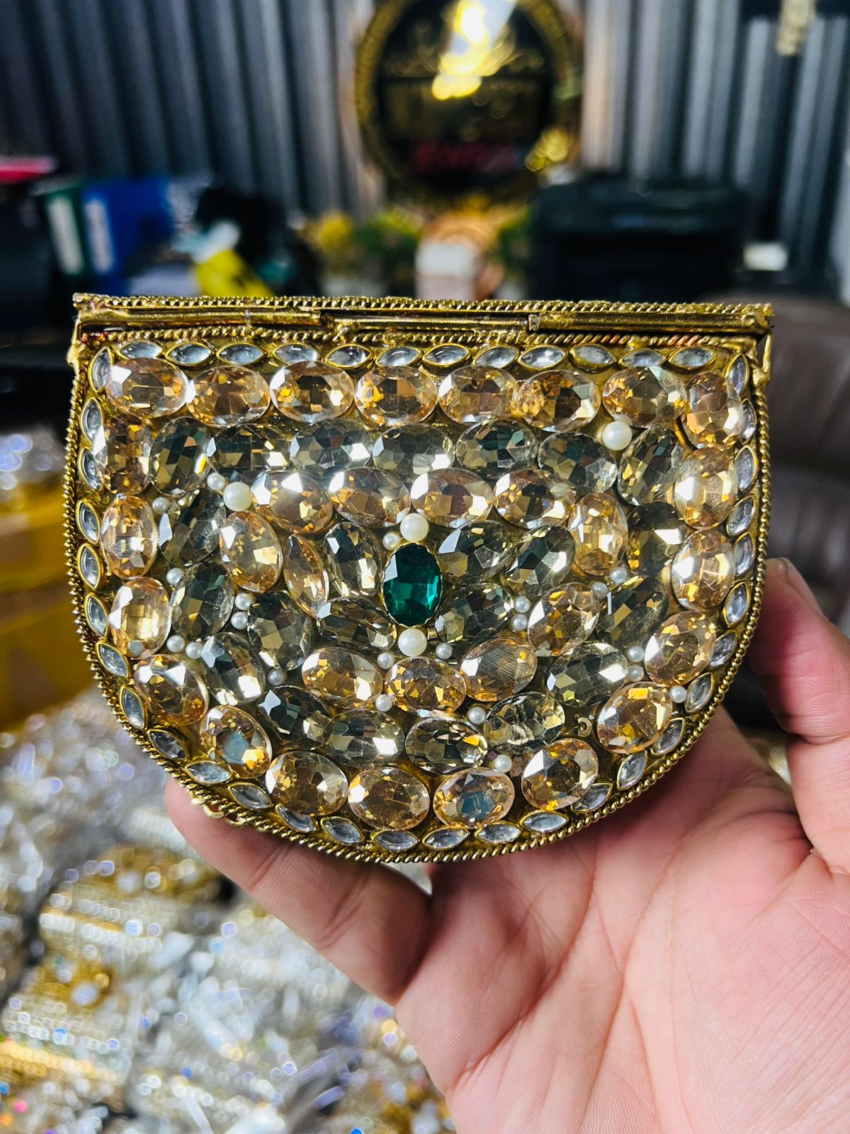 Indian Medium Size Kundan Work Metal Bag With Unique Stone-4