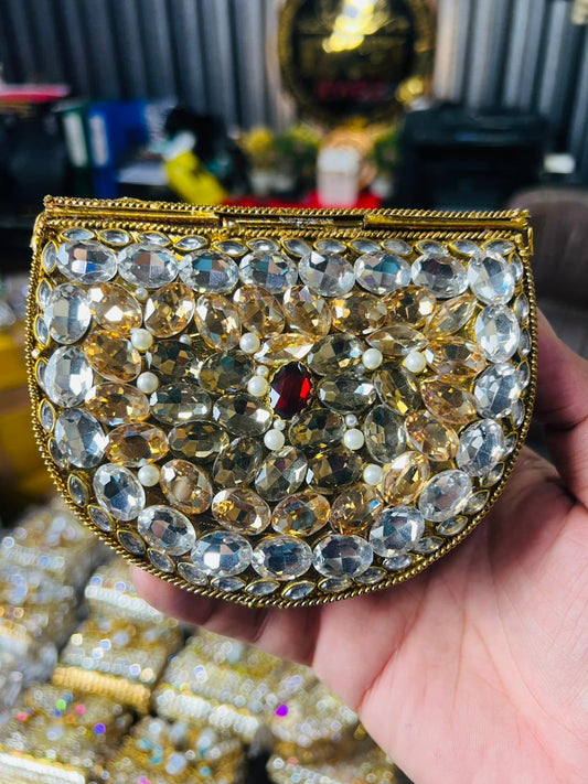 Indian Medium Size Kundan Work Metal Bag With Unique Stone-9