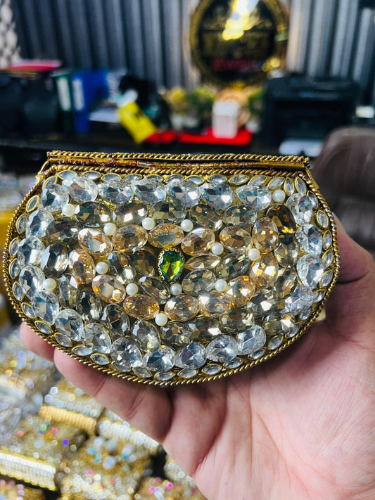 Indian Medium Size Kundan Work Metal Bag With Unique Stone-1