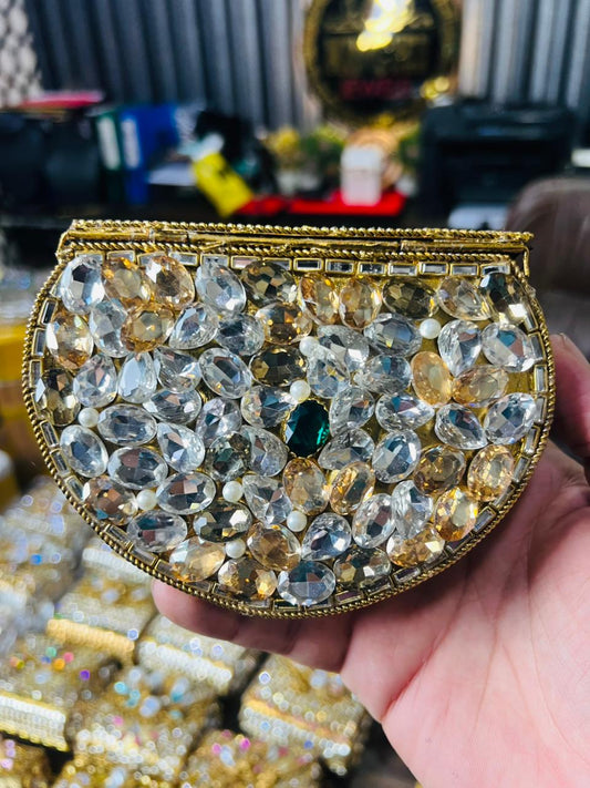 Indian Medium Size Kundan Work Metal Bag With Unique Stone-6