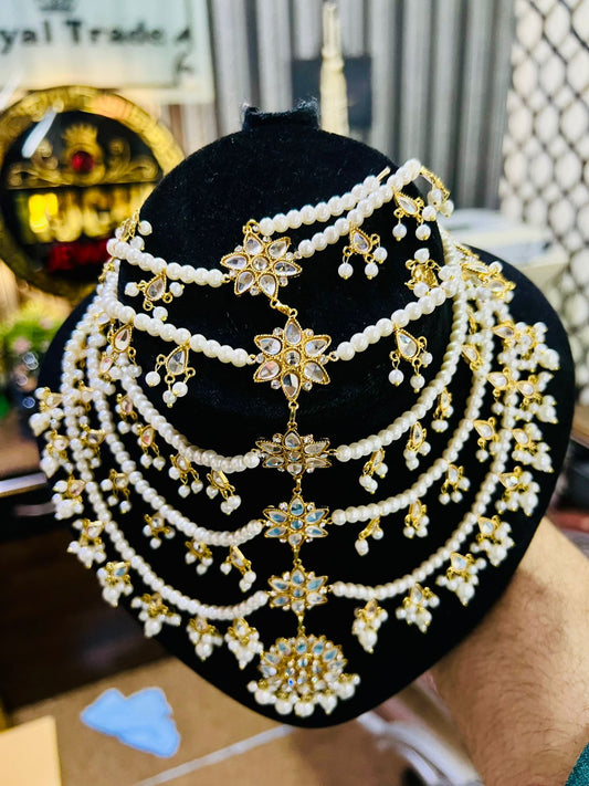 White Pearl And Kundan Work 6 Layer Head Piece