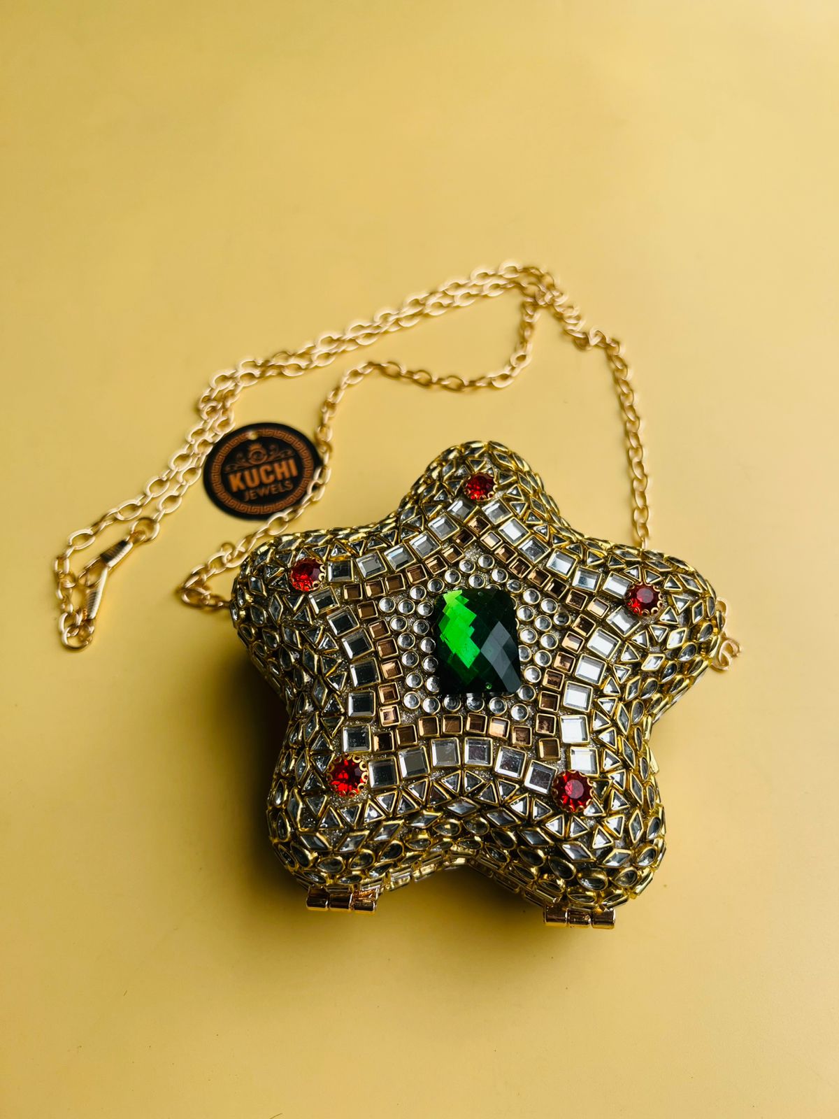 Star Shape Kundan Work Hand Bag (Green Stone)