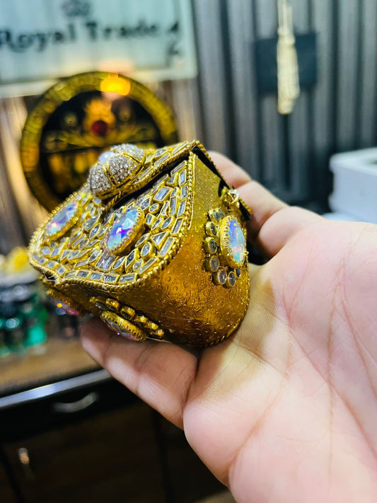 Mini Kundan Metal Bag Mughlia Shape (Pink-Green Stone) Hani-3