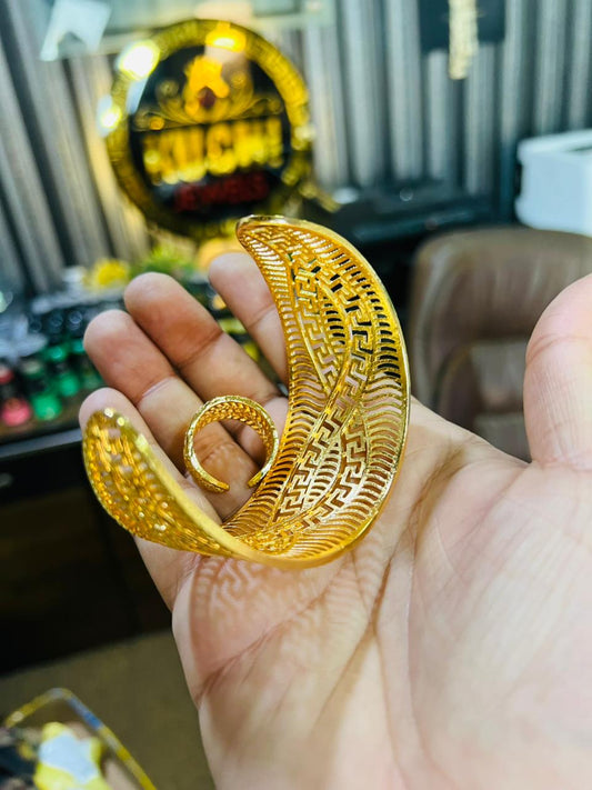 Gold Plated Adjustable Bracelet & Ring - Lining Design