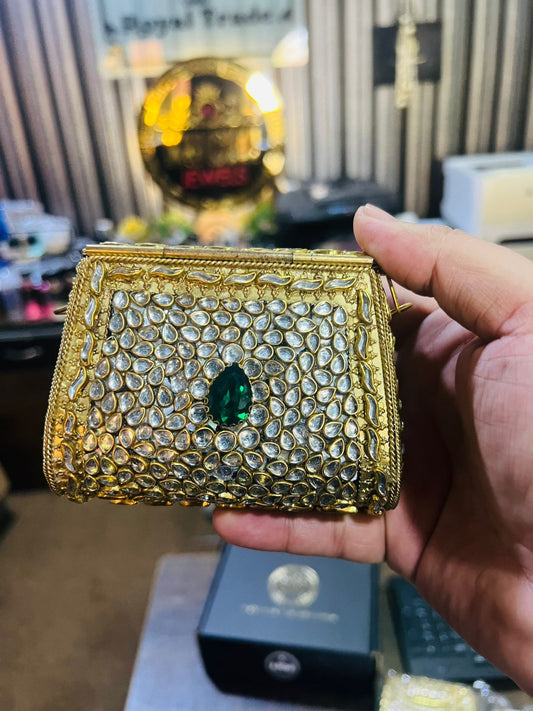 Medium Kundan Golde Bag Square shape Green Stone BB-K7