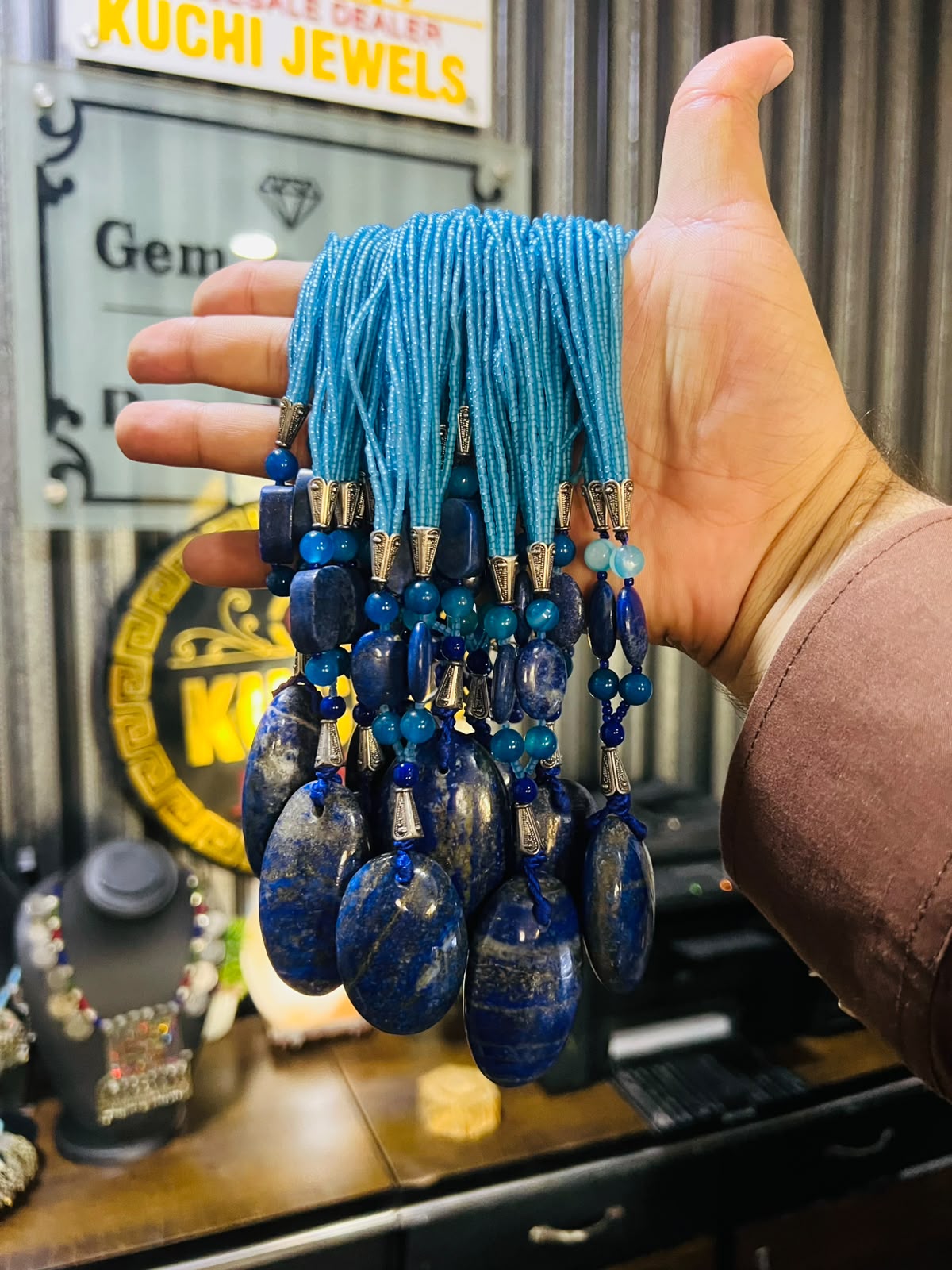 Lapiz Pendant & Stone Beads String Necklace