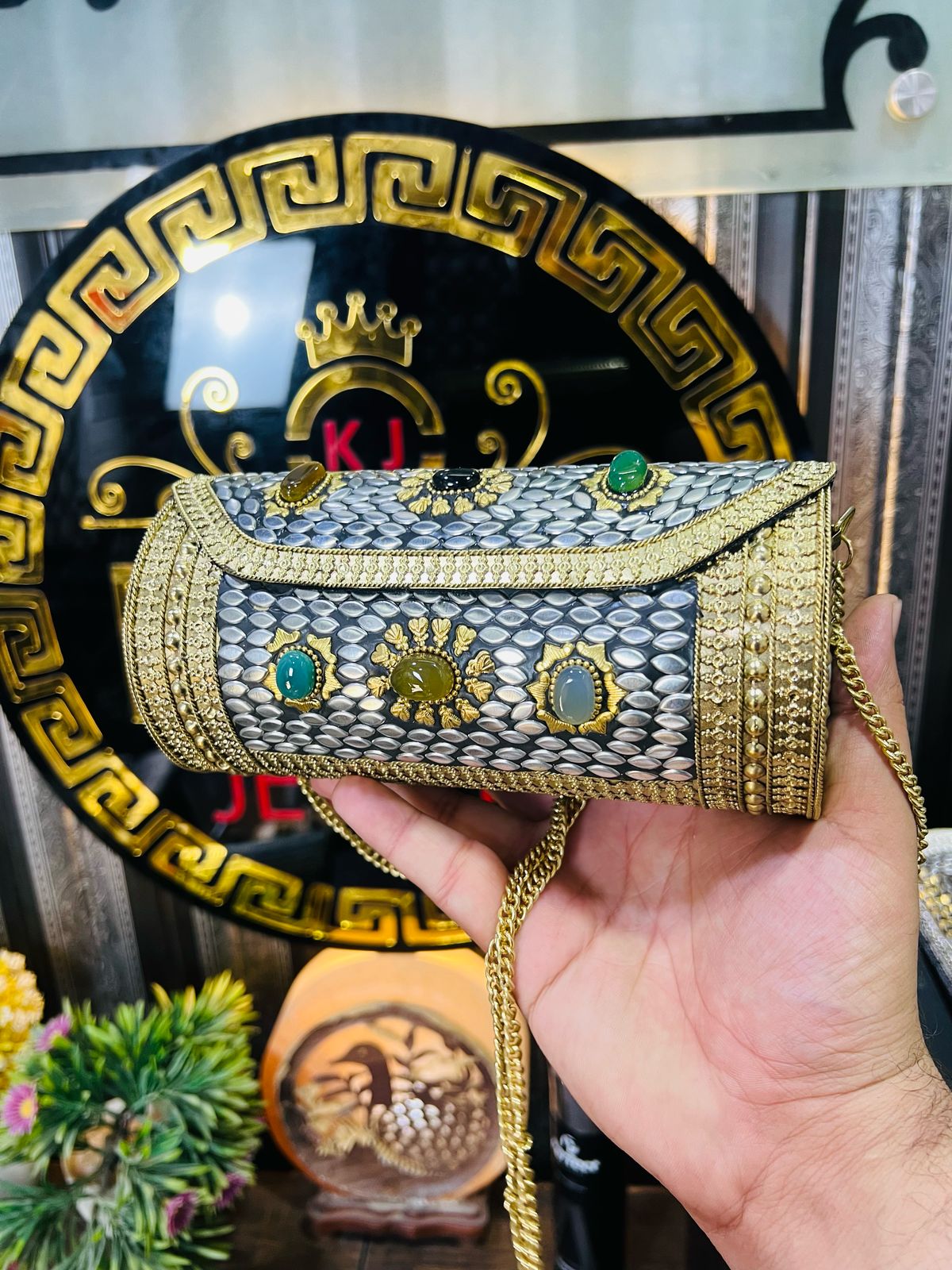 Capsule Shape Stone Metal Golden Bag