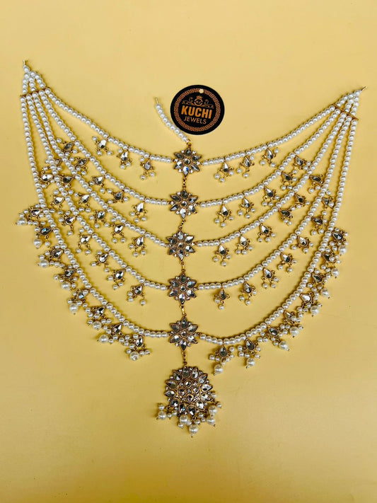 White Pearl And Kundan Work 6 Layer Head Piece