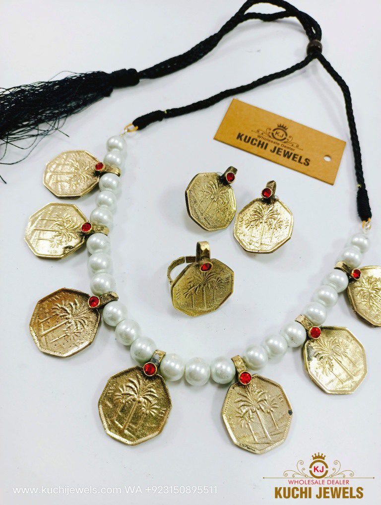 White Beads Egyptian Coins Choker Set