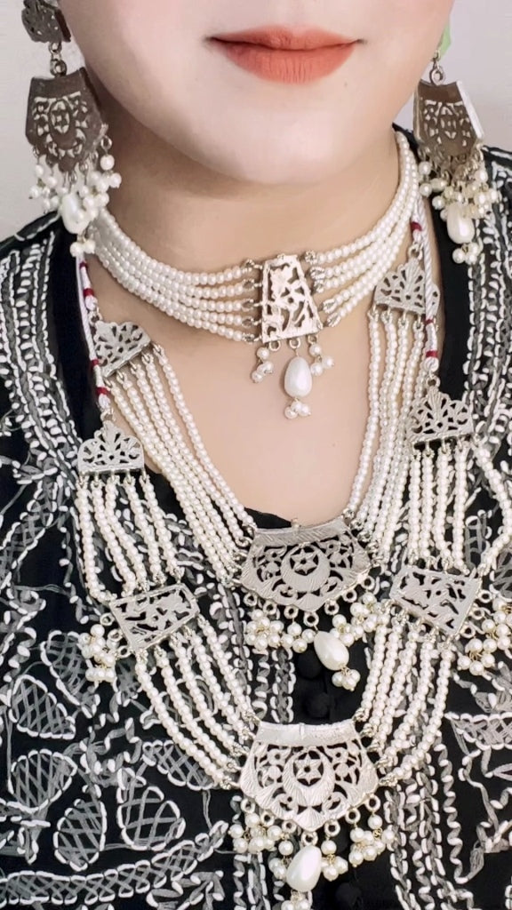 White Pearl Mala And Double Choker Set