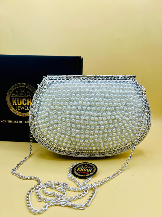 White Pearl D Shape Metal Bag