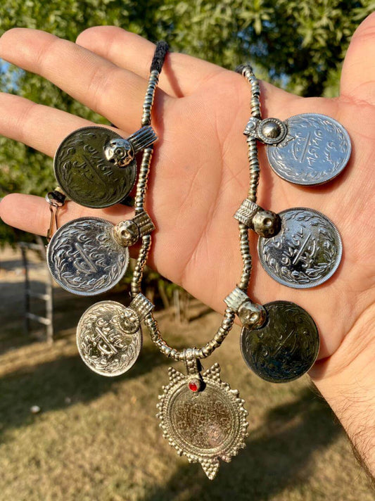 Antique Coins And Afghani Pendant Necklace With Golden Beads