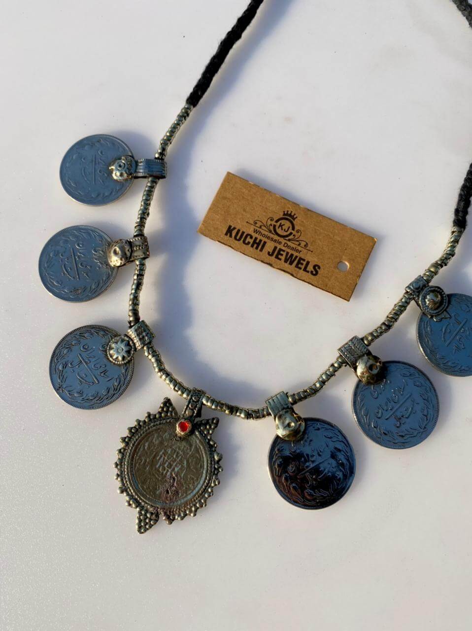 Antique Coins And Afghani Pendant Necklace With Golden Beads