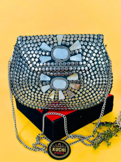 Silver Metal And White Stone Indian Bag