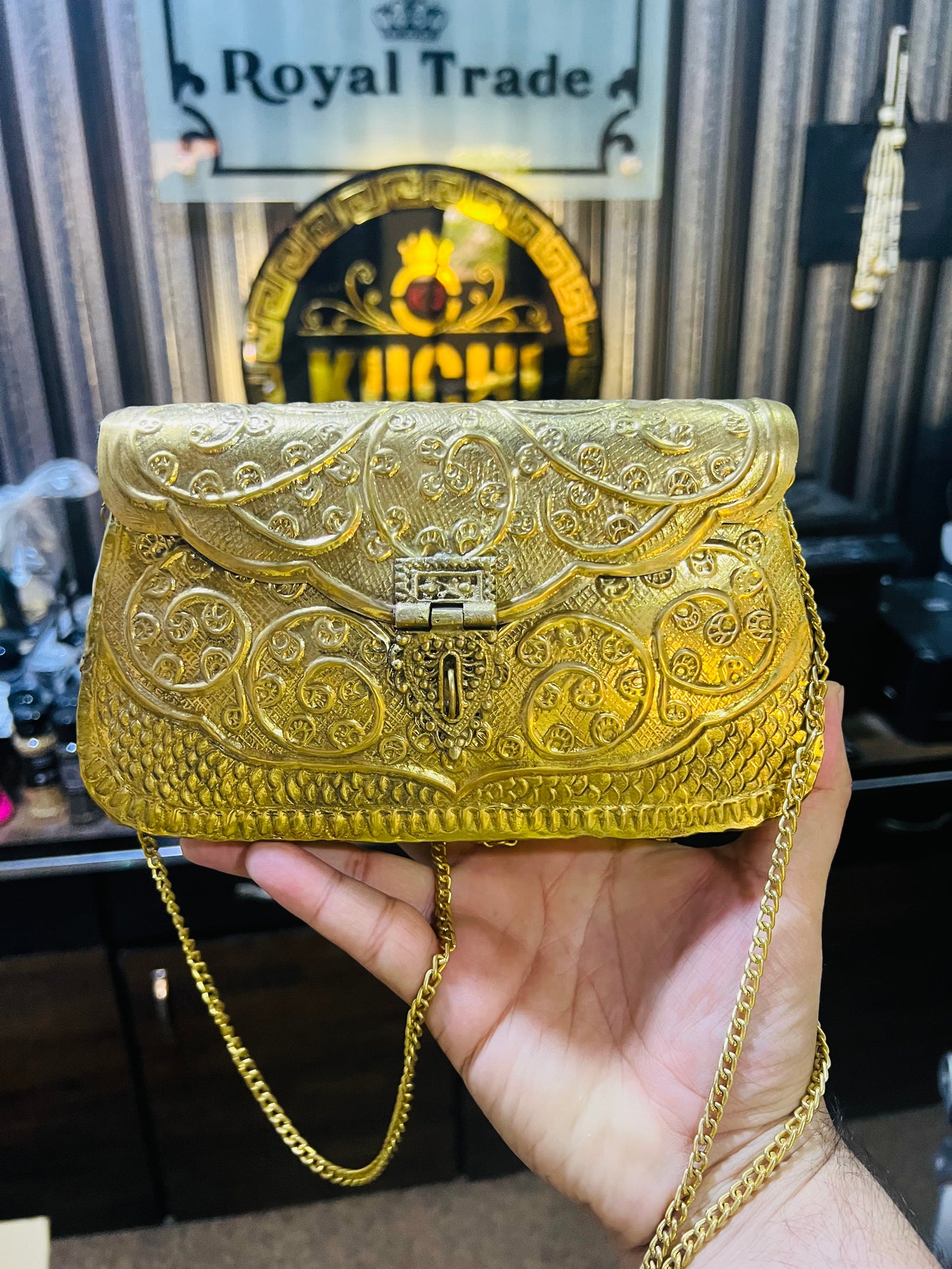 Golden Large Metal Bag With Long Chain