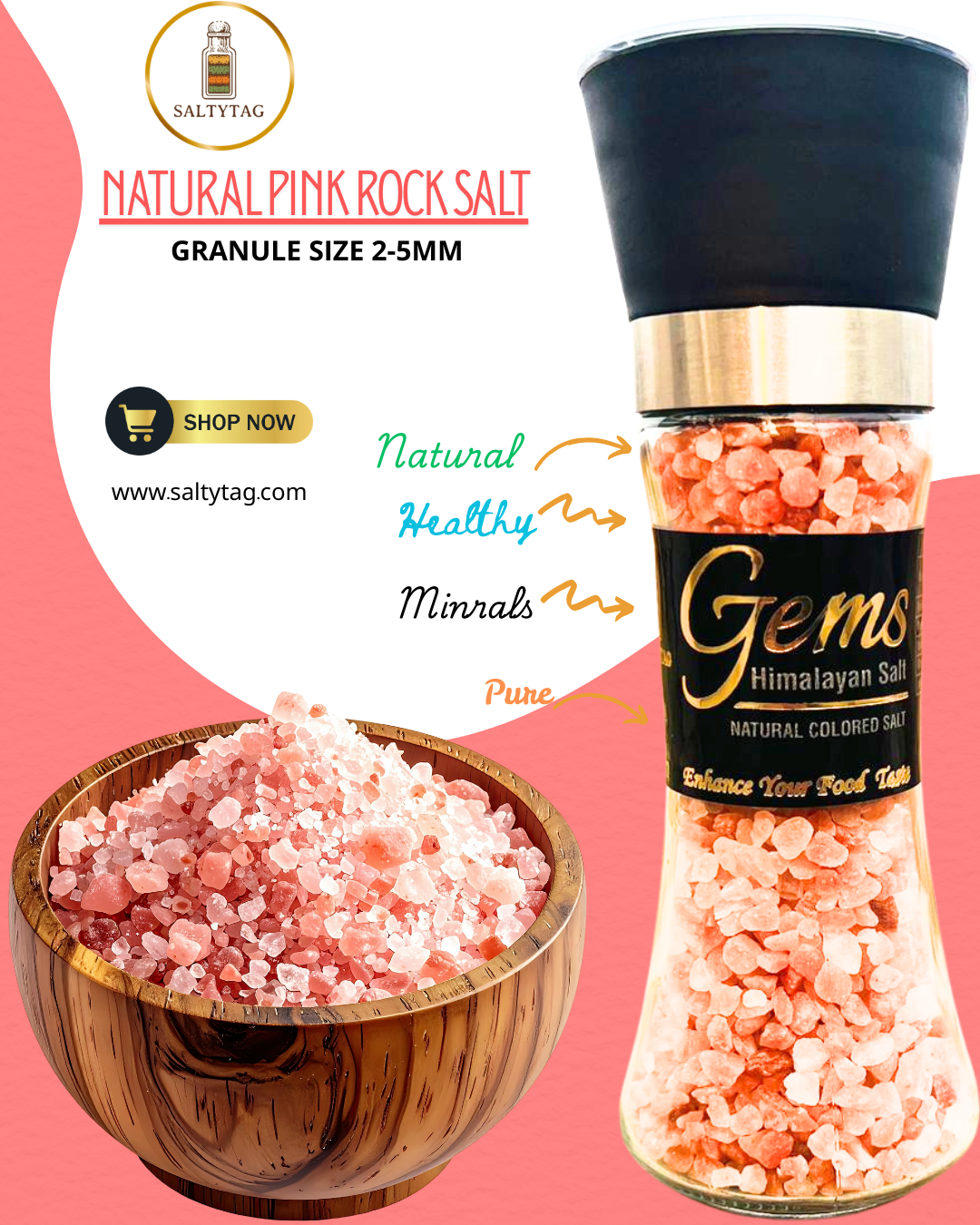 Gems Pink Natural Himalayan Salt With Grinder in Glass Jar