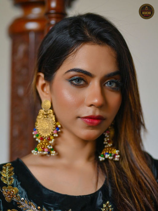 Large Jhumka Multi Beads Golden Earrings