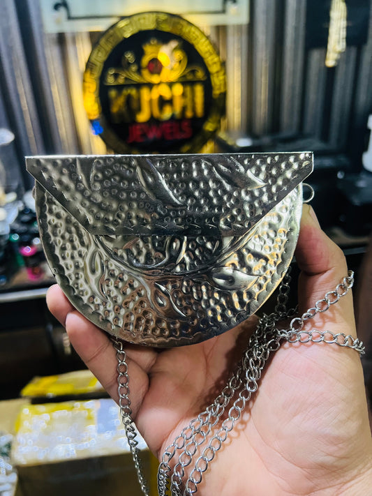 Silver Metal Hand Carving Mini Bag D shape