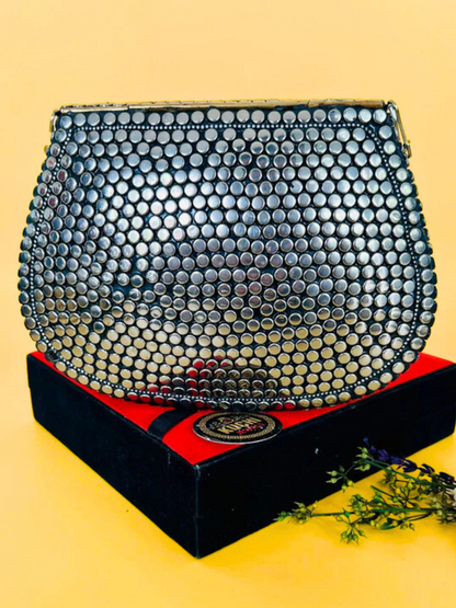 Silver Metal And White Stone Indian Bag