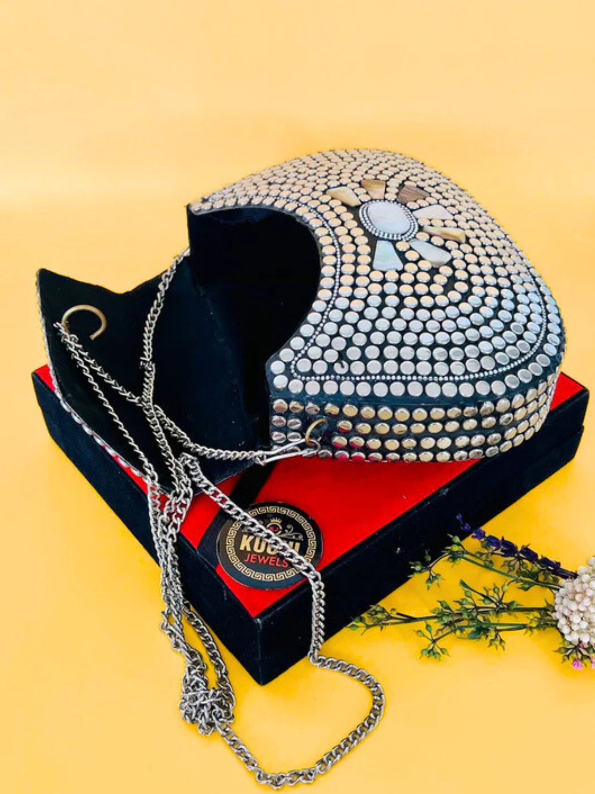 Silver Metal And White Stone Indian Bag