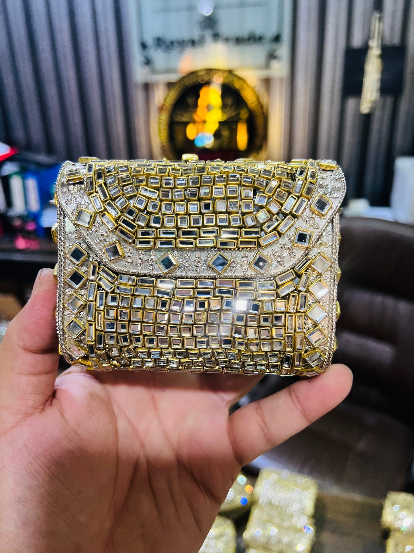 Mid Medium Kundan Silver Base Bag, Square Shape BB-S5