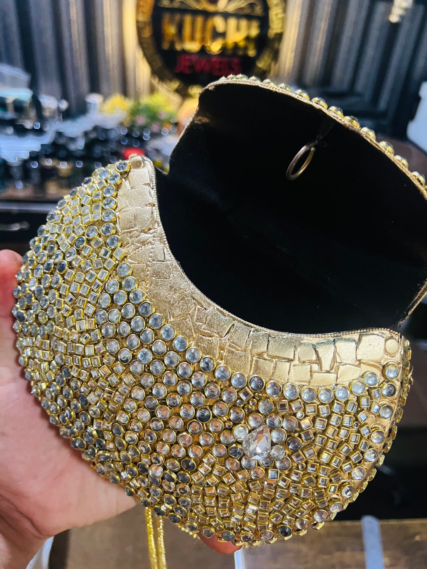 Pure Kundan Work Large Bag Both Side Kundan Stone
