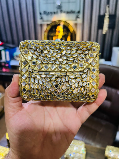 Mid Medium Kundan Golden Base Bag, Square Shape BB-S9