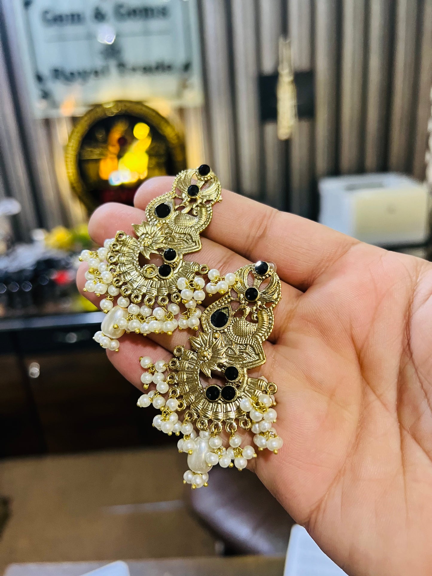 German Style Golden Earrings With Black Beads