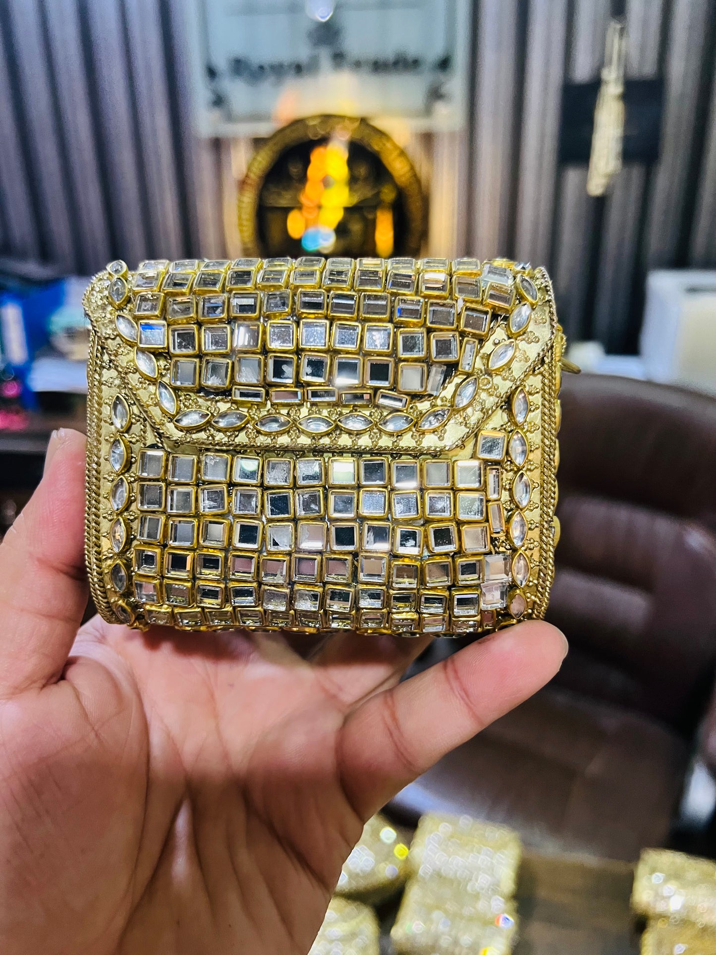 Mid Medium Kundan Golden Base Bag, Square Shape BB-S6