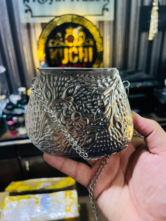 Silver Metal Hand Carving Mini Bag -Round