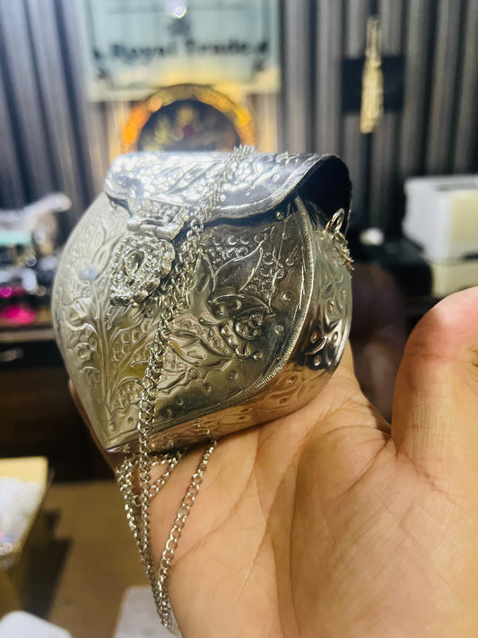 Silver Metal Heart Shape Bag MEDIUM SIZE (Random Carving Design)