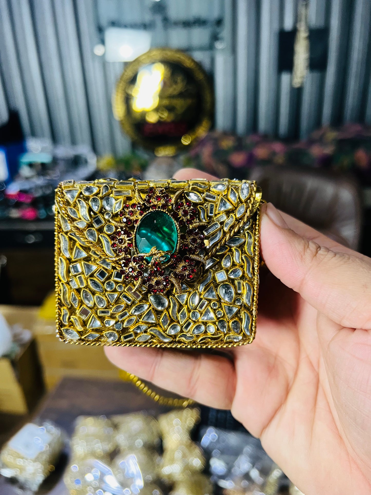 Square Mini Kundan Green Stone Metal Bag ZC-1