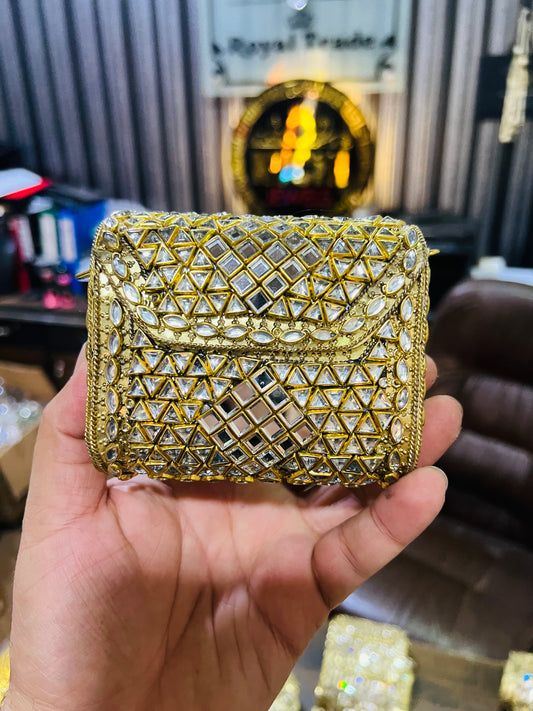 Mid Medium Kundan Golden Base Bag, Square Shape BB-S10