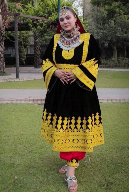 Afghan Velvet Handwork Charma Dozi Kuchi Dress For Women