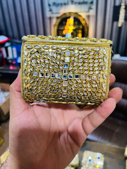 Mid Medium Kundan Golden Base Bag, Square Shape BB-S8