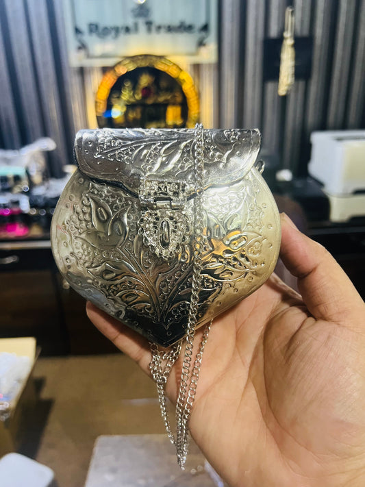 Silver Metal Heart Shape Bag MEDIUM SIZE (Random Carving Design)