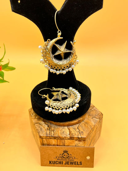 Chand Tara White Beads Ear Rings