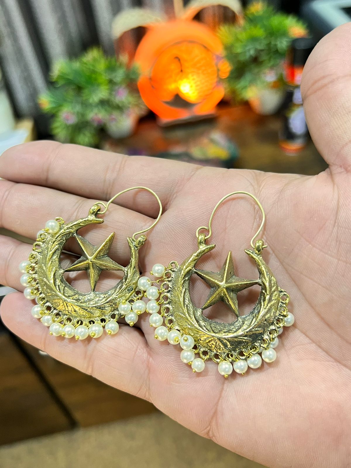 Chand Tara White Beads Ear Rings