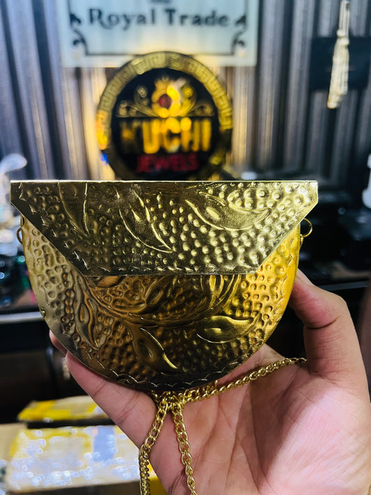 Golden Metal Hand Carving Mini Bag D shape