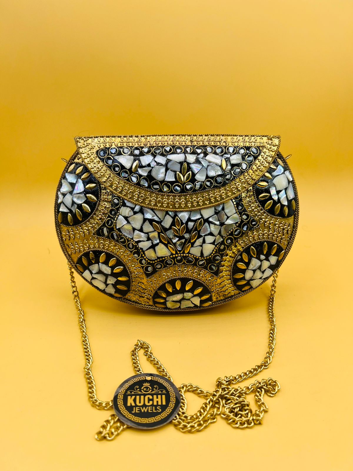 D Shape Indian Golden Metal Mosaic Stone Bag