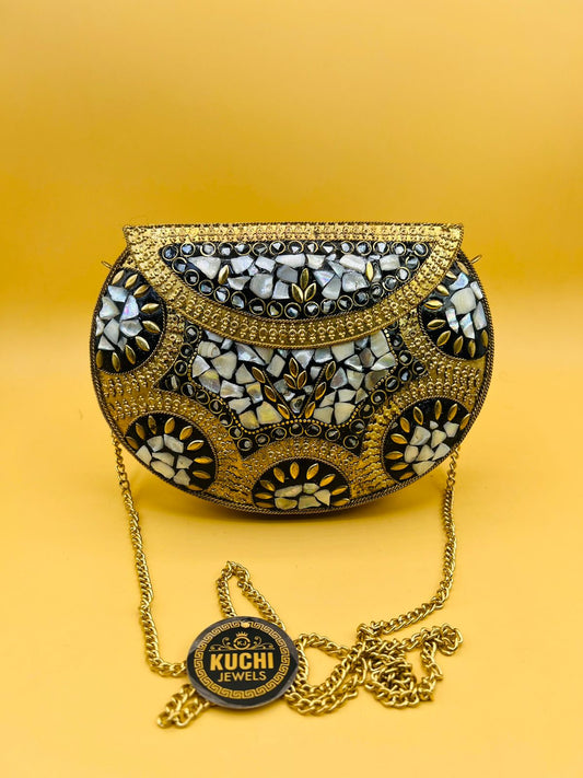 D Shape Indian Golden Metal Mosaic Stone Bag