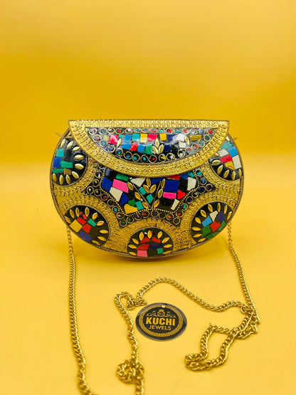 D Shape Indian Golden Metal Multi Stone Bag