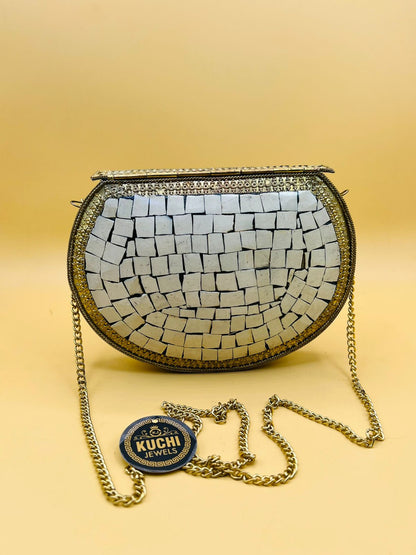 D Shape Indian Golden Metal White Stone Bag