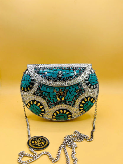 D Shape Indian Silver Metal Green Stone Bag