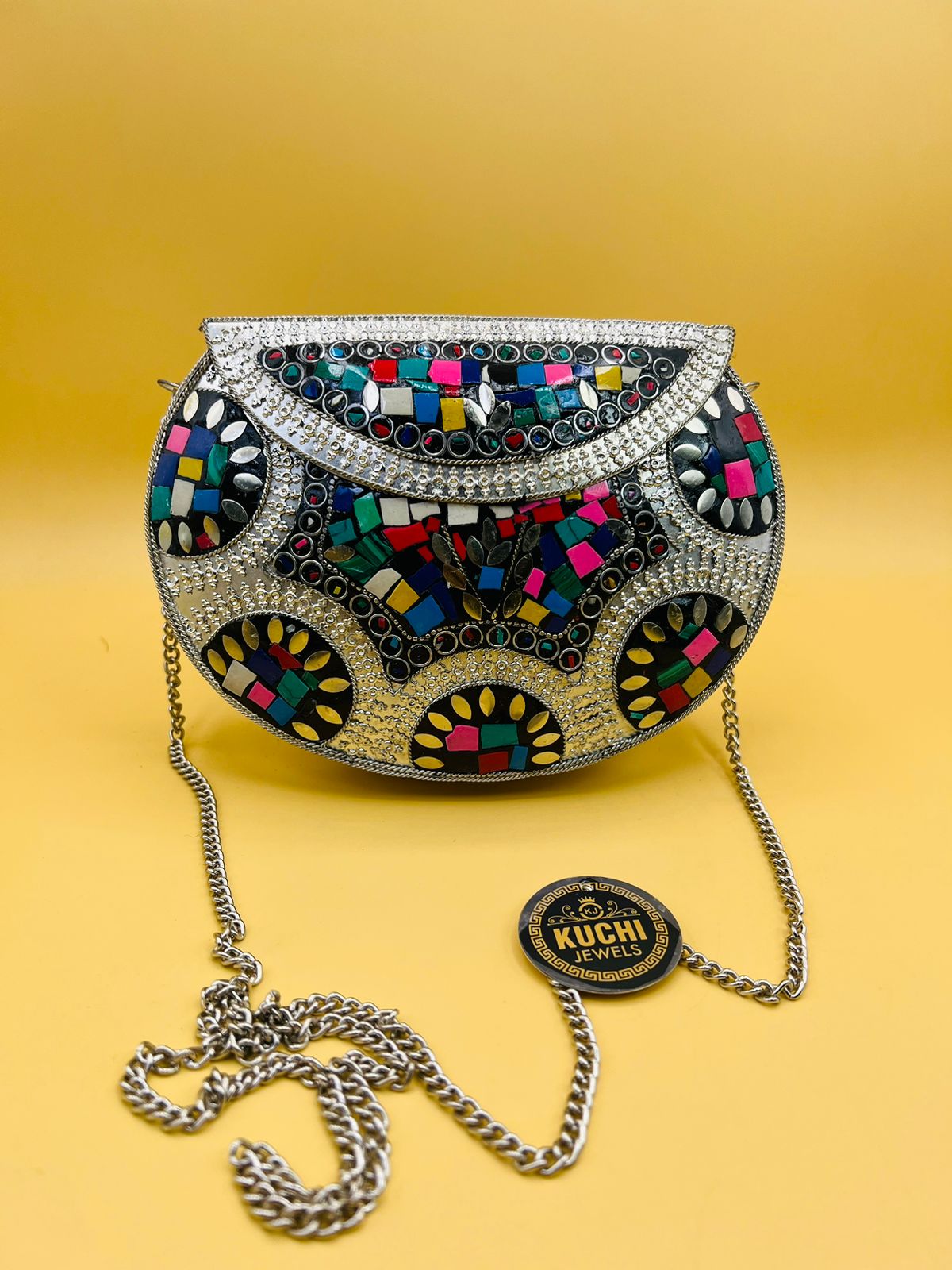 D Shape Indian Silver Metal Multi Stone Bag