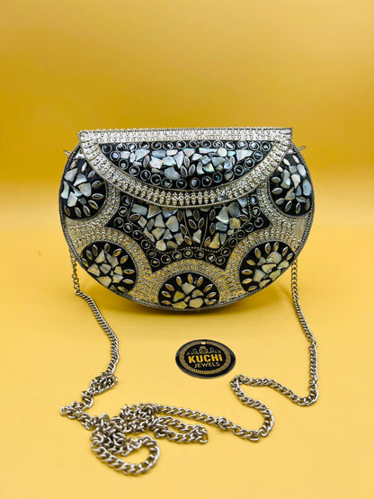 D Shape Indian Silver Metal White Stone Bag