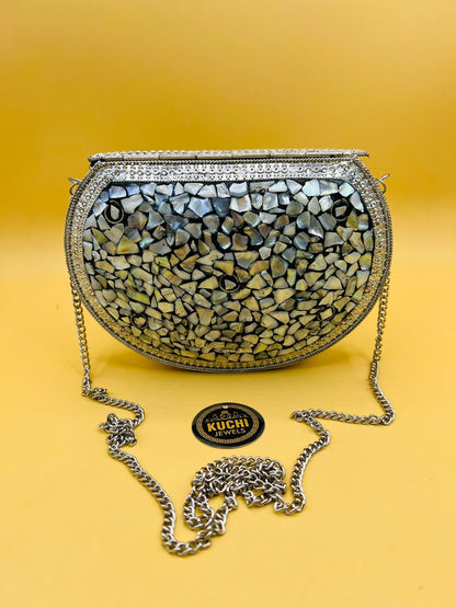 D Shape Indian Silver Metal Brown Stone Bag