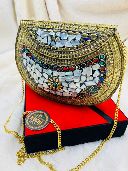 D Shape Mosaic Stone Golden Bag