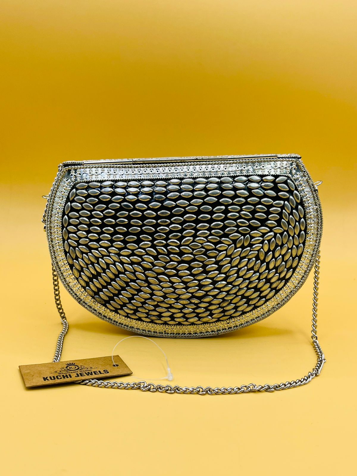 D Shape Silver Metal Multi Stone Bag