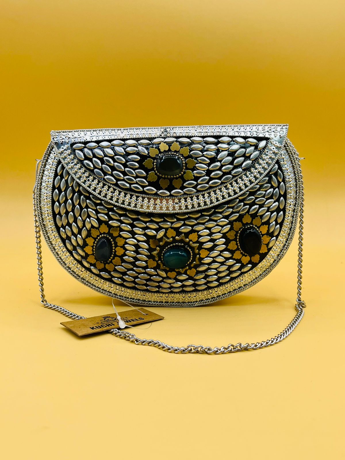 D Shape Silver Metal Multi Stone Bag